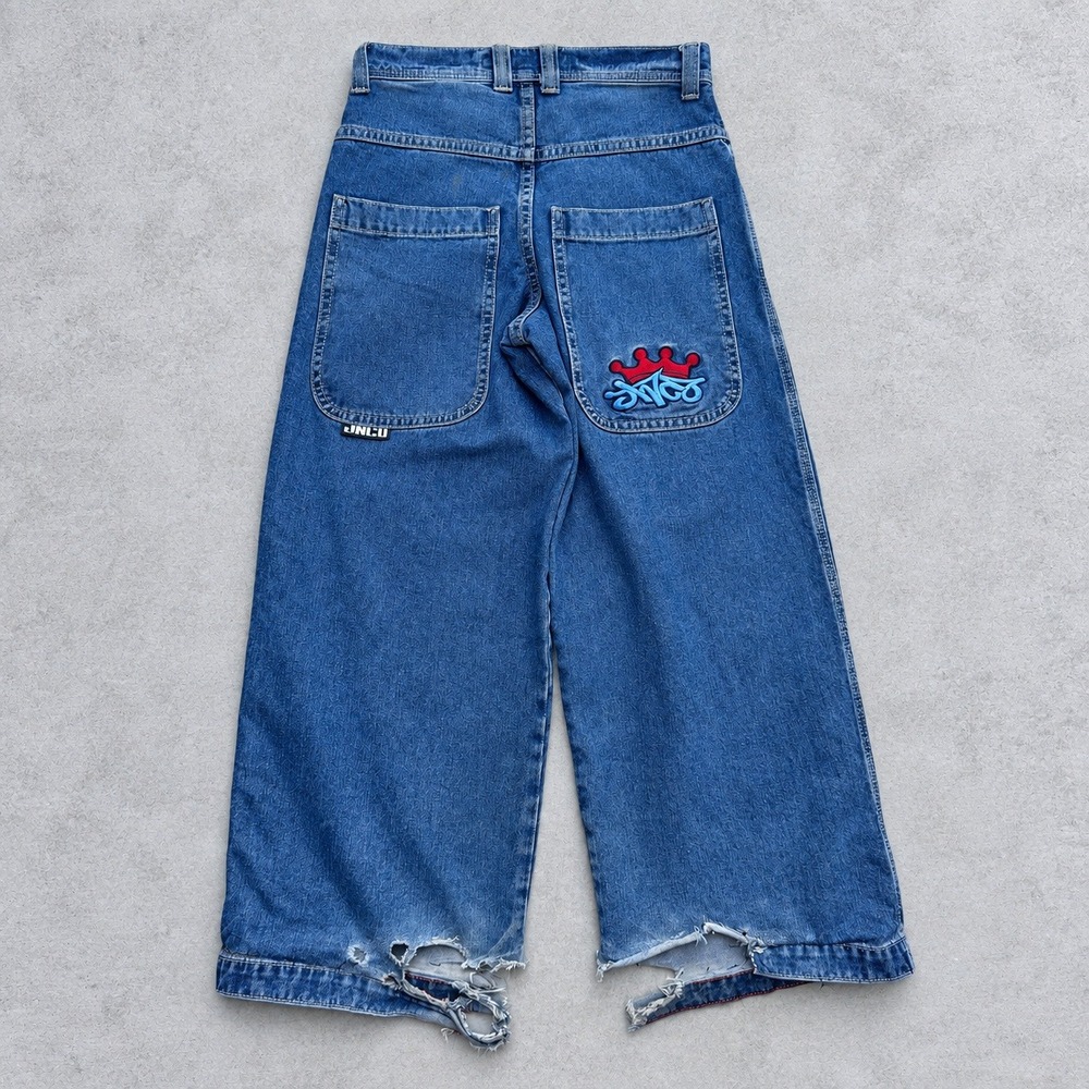Vintage JNCO Twin Cannon 26 Wide Leg Jeans Blue 30x32 Embroidered Crown Logo